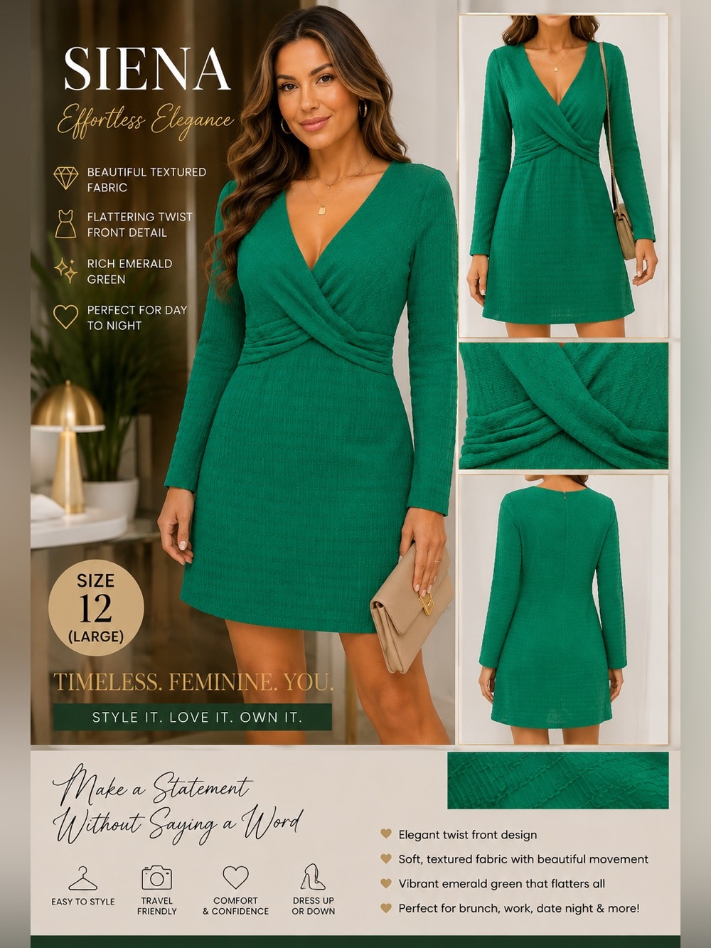Emerald Green Long-Sleeve Twist Front Dress by